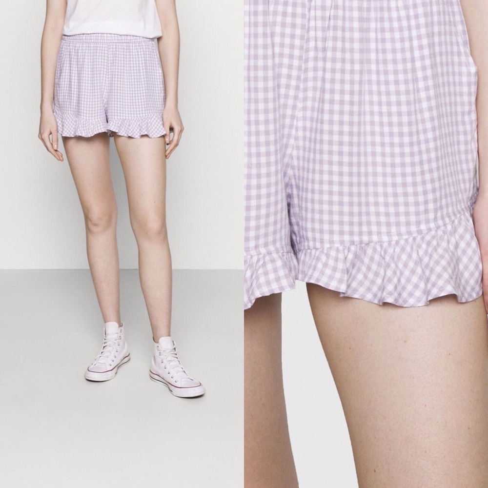 Hollister Purple White Plaid Gingham‎ Ruffle Trim High Rise Pull-On Shorts Sz L